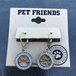 Pet Friends Dog Paw Print Gold Tone Faux Diamond Drop Earrings